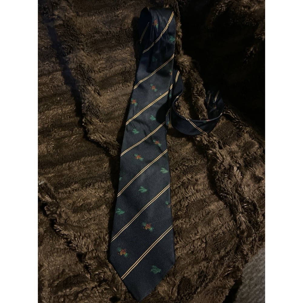 VTG Burberrys of London Silk Tie Navy Gold Striped Holiday Pine Cone Christmas